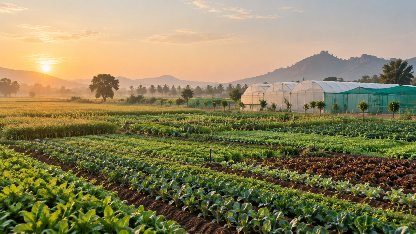 Open fields and polyhouses in a rural agricultural landscape