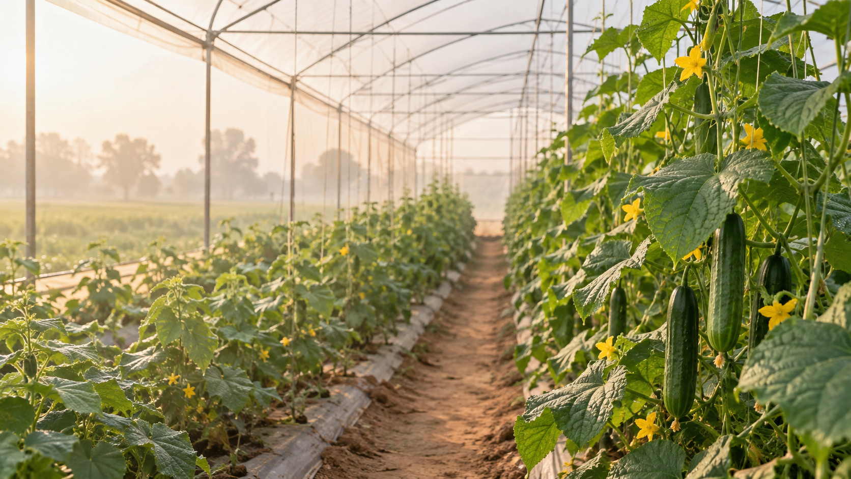 Cucumber plants growing in a polyhouse in India