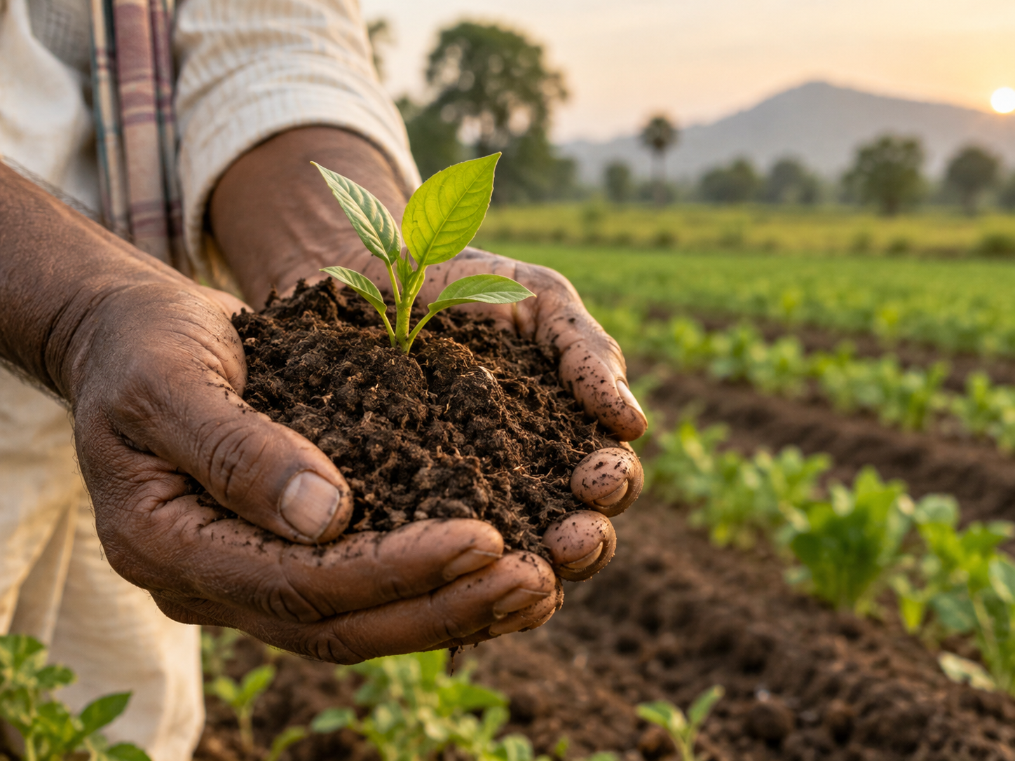 Hands holding a seedling in soil against a field at dusk